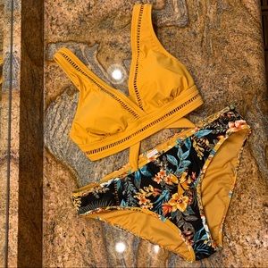 Time & Tru Black Floral & Saffron Bikini Swimsuit